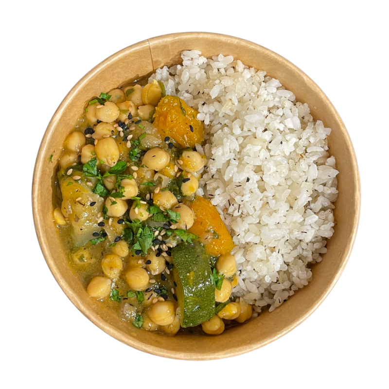 Estofado de garbanzos con calabaza, espinacas y arroz blanco