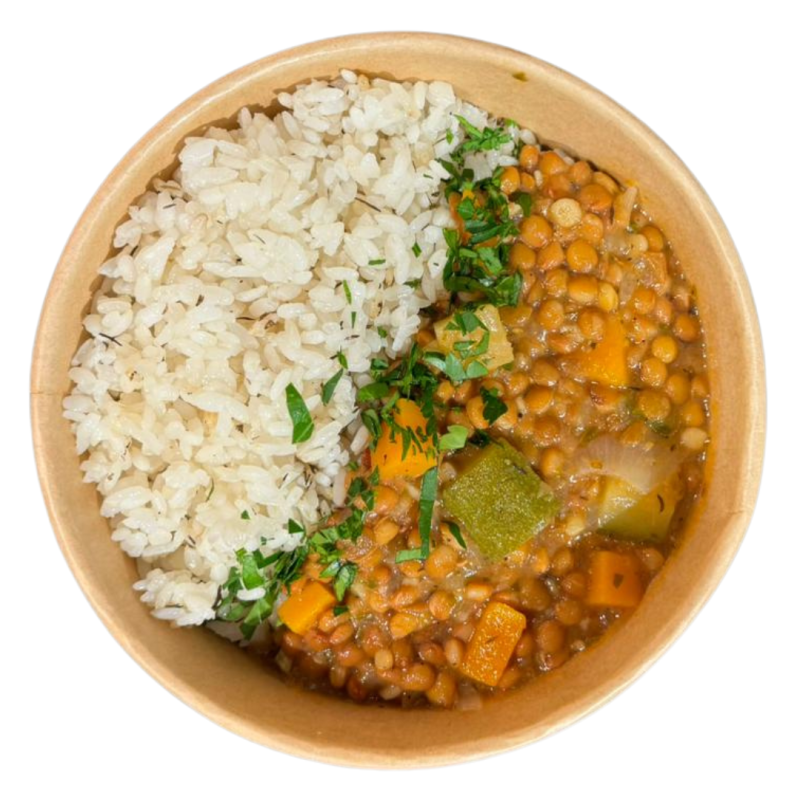 Estofado de lentejas y verduras con arroz blanco