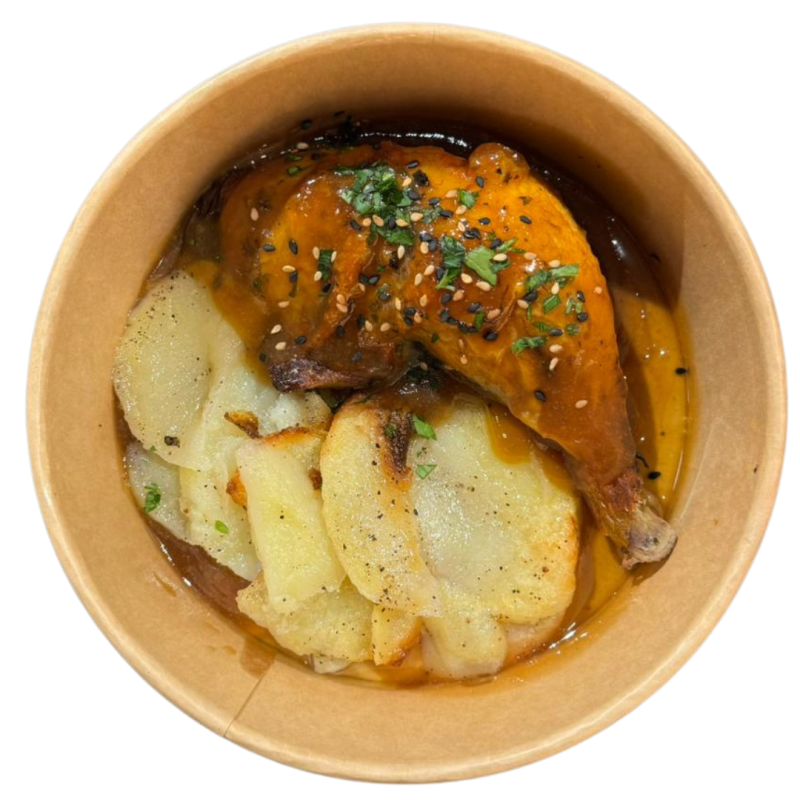 Pollo en 3 cocciones con patata al horno