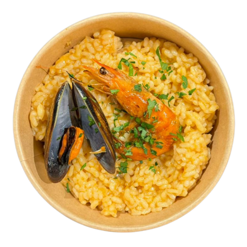 Arroz de marisco, mejillón, sepia confitada y langostino