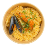 Arroz de marisco, mejillón, sepia confitada y langostino