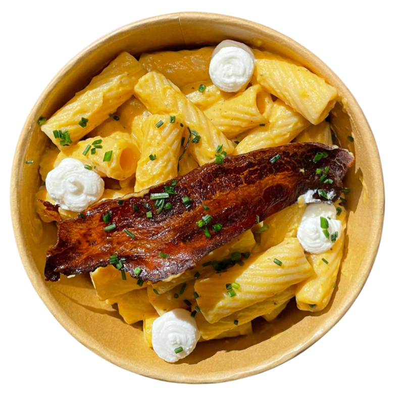 Rigatoni con salsa de calabaza y Gorgonzola con bacon crujiente