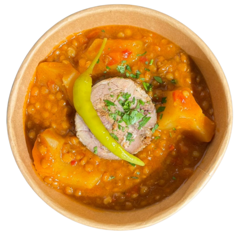 Lentejas con cordero asado y patata