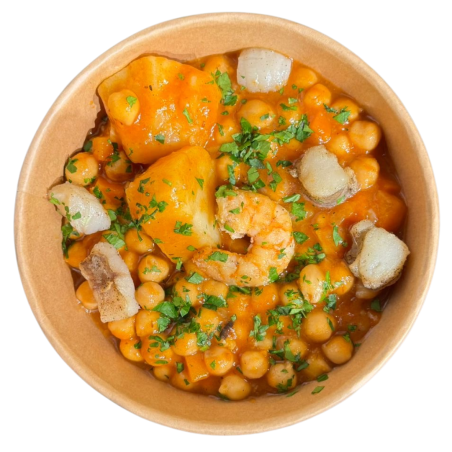 Guiso de garbanzos  con rape y langostinos
