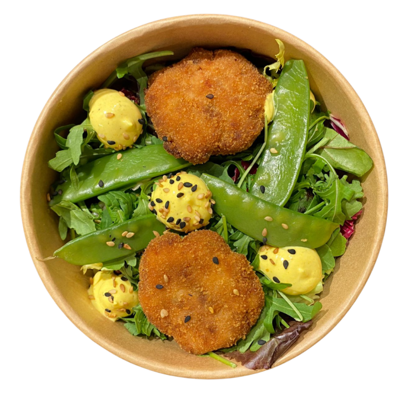 Amanida de nuggets de pollastre, maionesa de curri i tirabecs