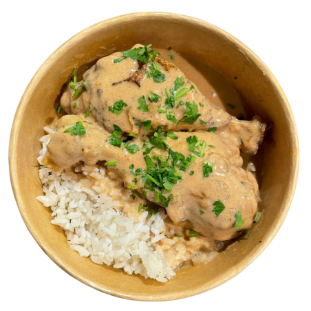 Pollo a la cerveza artesanal y arroz al vapor