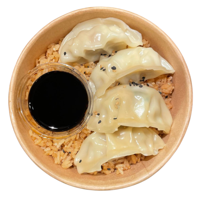 Gyozas de pollo y verduras con arroz de sésamo