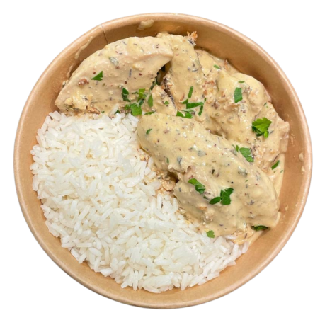 Pollo con salsa de mostaza miel con arroz blanco