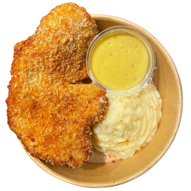 Filetes de pollo cruijientes con puré de patata