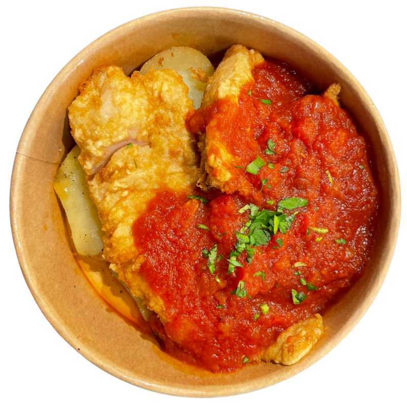 Filetes de merluza en salsa con patata panadera