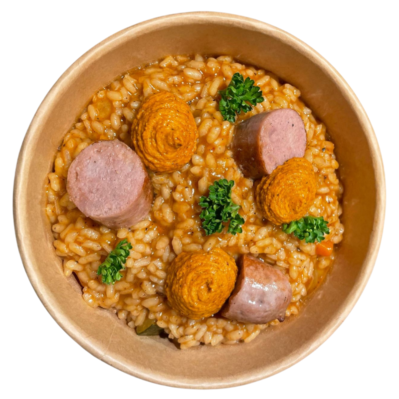 Arròs melós de botifarra, verdures i romesco
