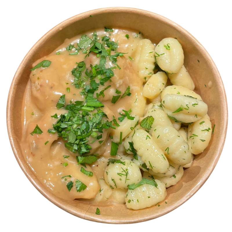 Albóndigas de pescado con gnocchis de patata a las hierbas frescas