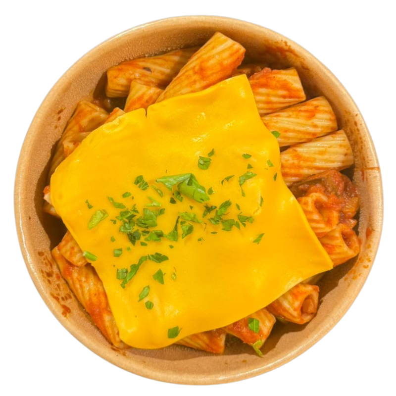 Rigatoni al ragú de setas con Cheddar vegano
