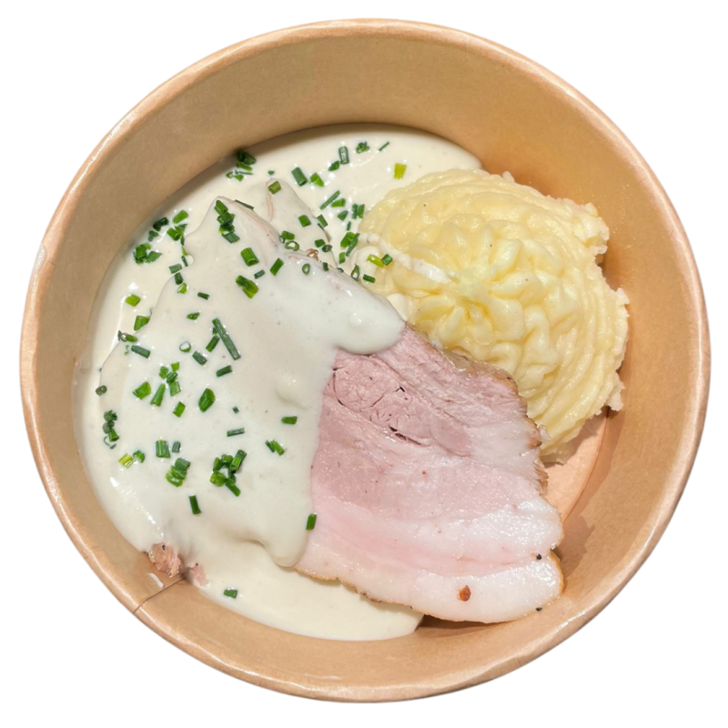 Porc amb salsa Roquefort i puré de patata