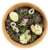 Arròs negre amb calamar saltejat i maionesa cítrica