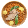 Fideuá de pollo y tirabeques con toques de curry