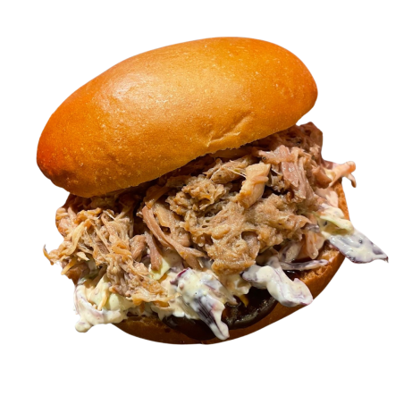 Burger brioche con pulled pork, coleslaw, salsa BBQ y chips