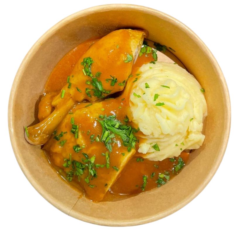 Cuartos de pollo al ajillo con puré de patata