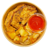 Filete de lomo adobado a la plancha con salsa de pimiento rojo y patatas bravas