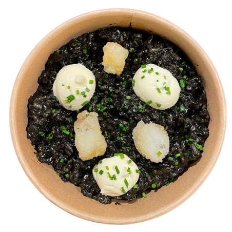 Arroz negro con rape a la andaluza, Padrón y mayonesa cítrica