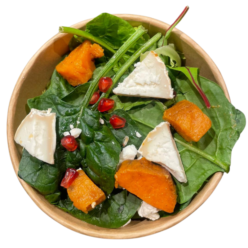 Ensalada de boniato, queso de cabra y granada