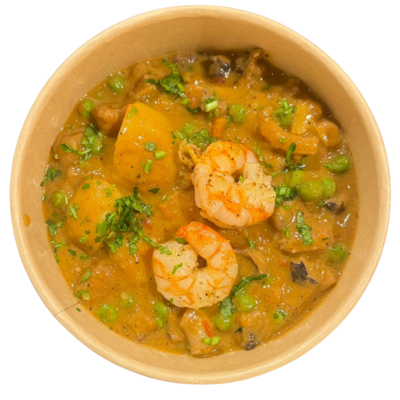 Guiso de sepia y langostinos con patatas y guisantes