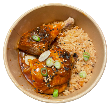 Cuartos de pollo estilo coreano con arroz de sésamo
