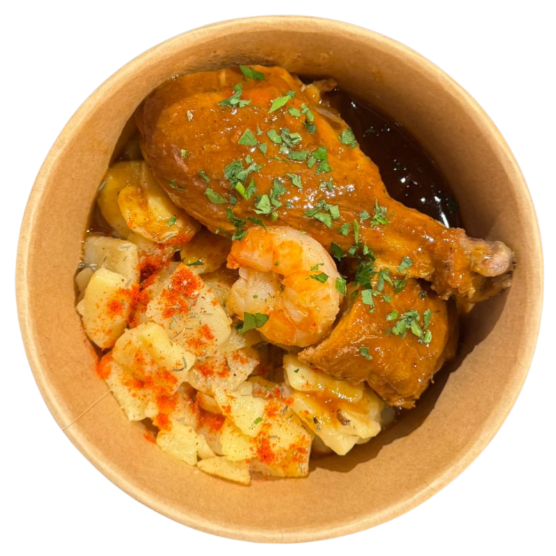 Pollo a la cazuela con langostino y patatas