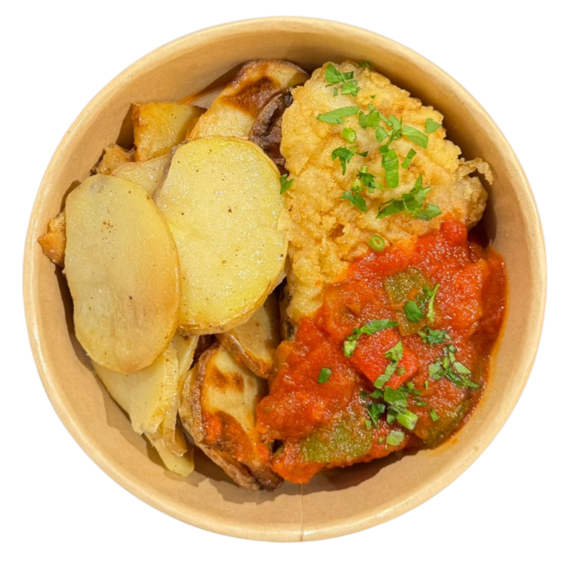 Bacallà amb samfaina i patata panadera