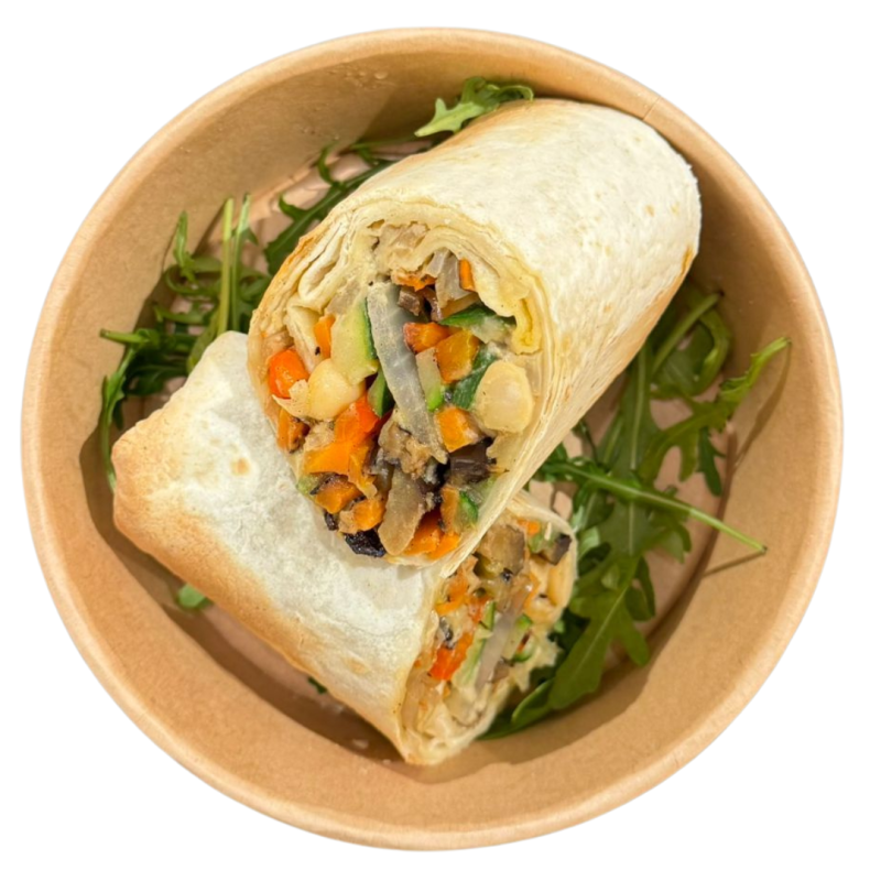 Wrap vegetal amb babaganoush i cigrons cruixents