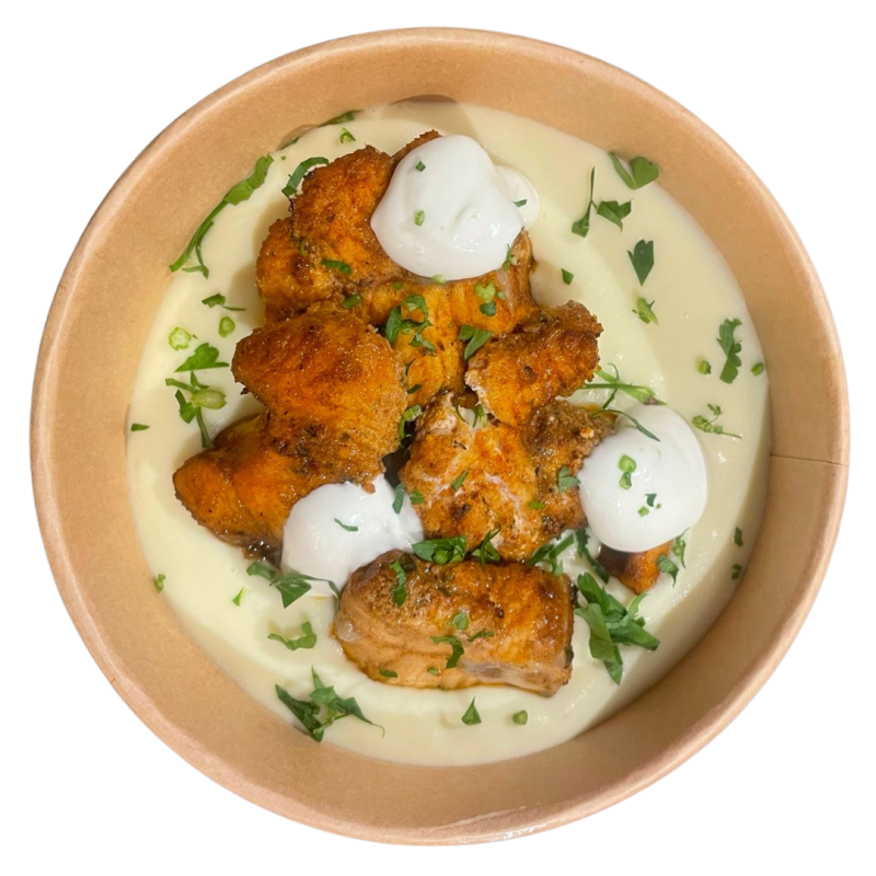 Casó en adob amb cremós de patata i maionesa cítrica