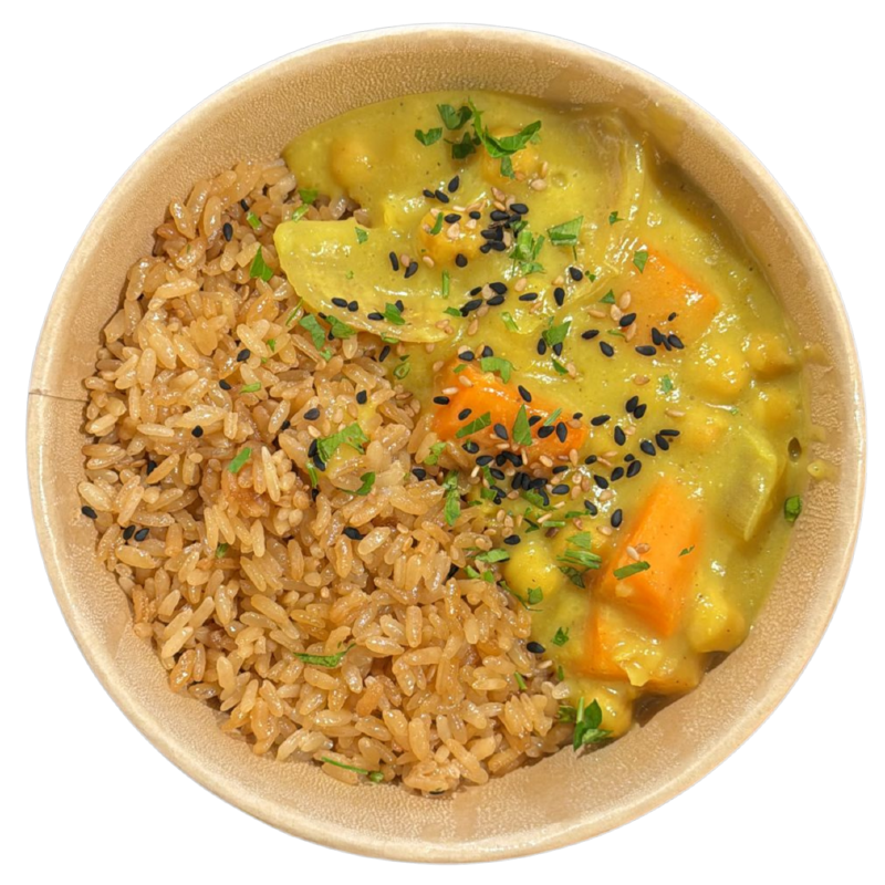 Curry de cigrons i verdures amb arròs de sèsam