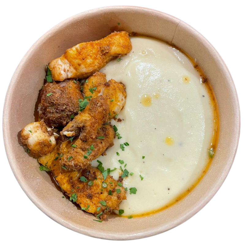 Cazón en adobo con puré de patata y mayonesa cítrica