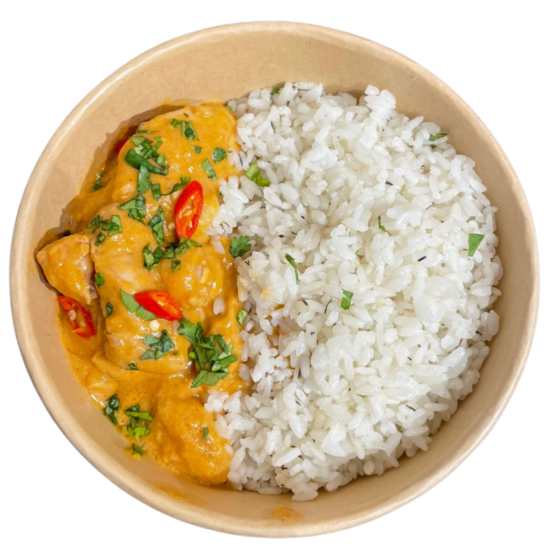 Pollastre amb salsa Singapur i arròs blanc