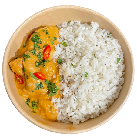 Pollo con salsa Singapur y arroz blanco