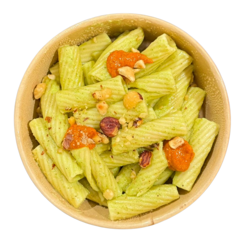 Rigatoni amb duo de pestos i avellanes