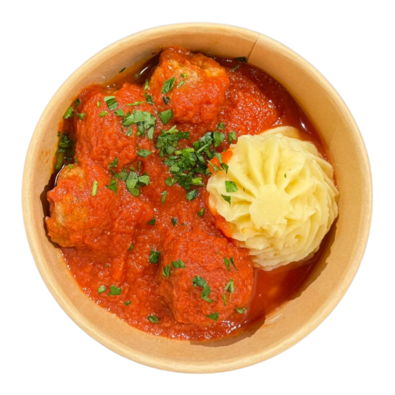 Mandonguilles amb tomàquet i puré de patata
