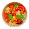 Ensalada de tomates variados, olivas y atún vegetal marinado con yuzu