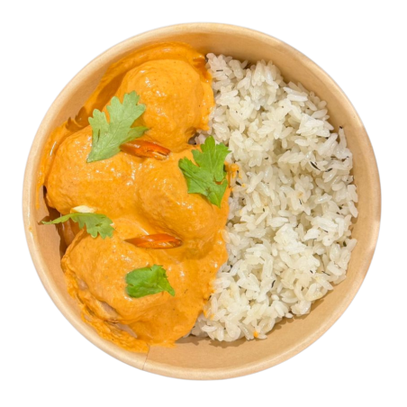 Albóndigas con salsa Singapur y arroz al vapor