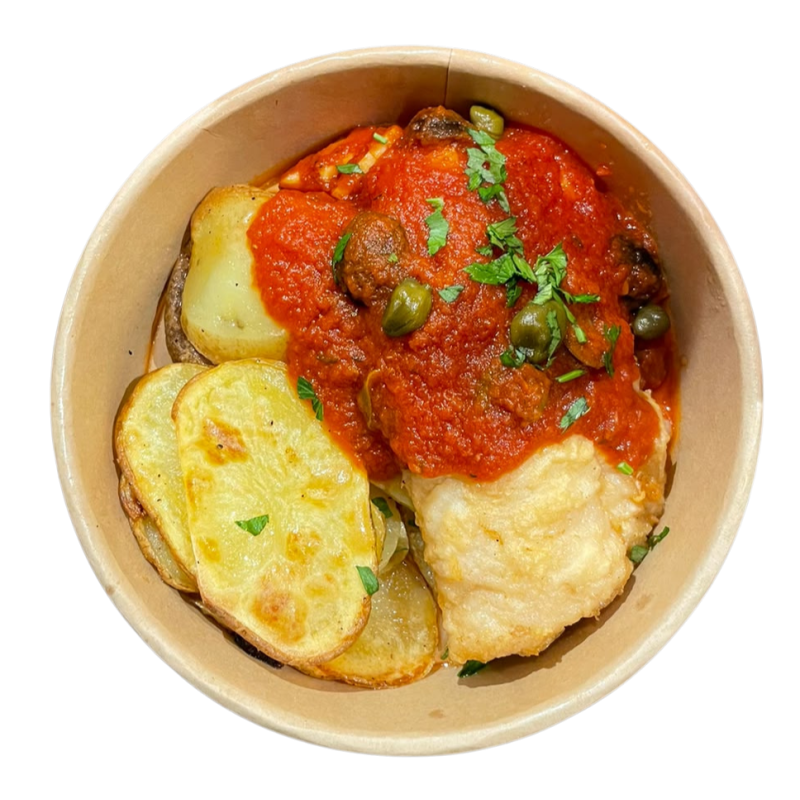 Lluç amb salsa putanesca i patata panadera