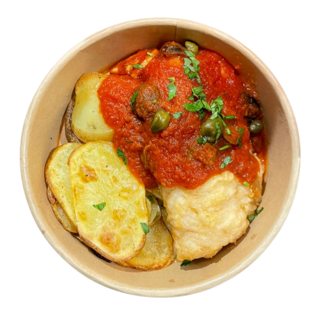 Merluza con salsa putanesca y patata panadera
