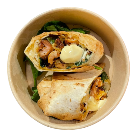 Fajita de pollo marinado con espinacas y mayonesa de mostaza y miel